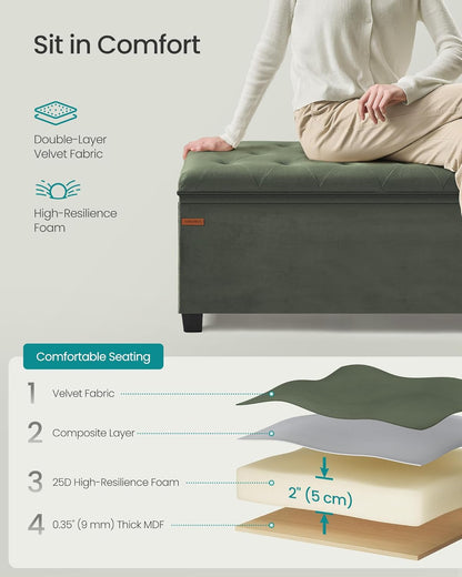 SONGMICS Velvet Storage Ottoman Bench, Foot Rest with Legs, 15.7 x 43 x 15.7 Inches, End of Bed Bench, Storage Chest, Load up to 660 lb, for Living Room, Bedroom, Entryway, Forest Green ULSF089C01