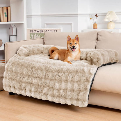 FUNNY FUZZY Pet Fluffy Plush Calming Dog Couch Bed Sofa Protector Washable Pets Mat for Large Medium Small Dogs and Cats (Coffee,47.24 × 37.4 × 6.3 in)