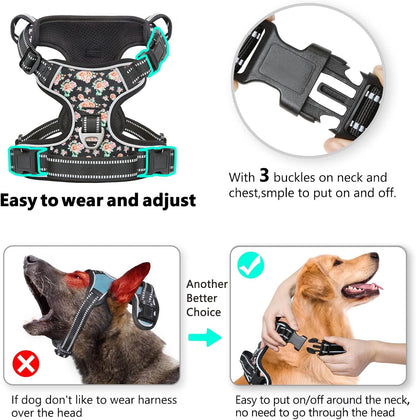 Timos Dog Harness, 3 Snap Buckles No-Pull Soft Padded Dog Vest with 2 Metal Leash Clips,Adjustable Reflective No Choke Pet Harness with Easy Control Handle for Small Dogs,Black Rose,S