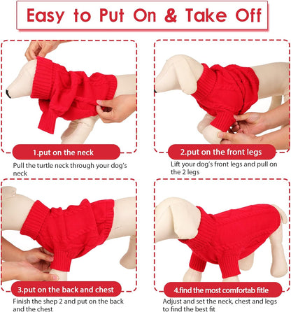 Queenmore Small Dog Pullover Sweater, Cold Weather Cable Knitwear, Classic Turtleneck Thick Warm Clothes for Chihuahua, Bulldog, Dachshund, Pug (Red, Large)