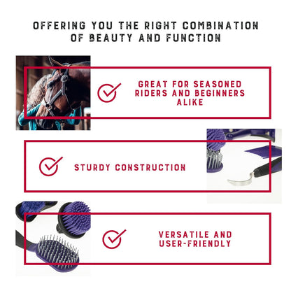 Weaver Equine 6-Piece Horse Grooming Kit, Ergonomic Gentle Horse Care Kit, Equestrian Supplies for Bathing Support, Detangling, and More, Purple/Black