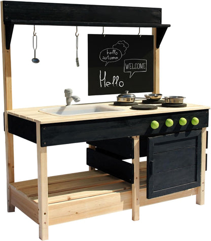 Mud Kitchen Playset for, Outdoor Wooden Toy Play Kitchen Set for Boys and Girls, Kitchen Accessories and Garden Sink with Faucet, Blackboard, Cookware Pot (Black)