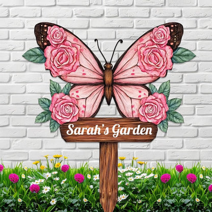 Personalized Butterfly Metal Sign with Stake,Custom Gardener Last Name Signs Outdoor Decorate,Customized Garden Accessories Decor for Mother's Day,Rose Flowers Plaques for Patio Lawn Porch Backyard