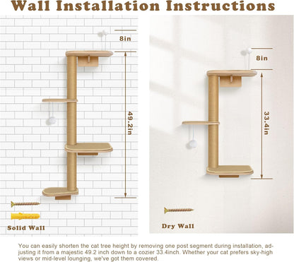 Cat Wall Shelves & Climber for Kittens – 4-Level Wall Mounted Cat Tree with Natural Sisal Pads, Adjustable Tower for Indoor Cats Up to 30lbs, Cat Wall Furniture System