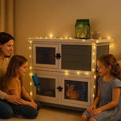 2 Story Solid Wood Rabbit/Bunny Hutch with 2 Large Main Rooms, Indoor Outdoor Rabbit House Guinea Pig Cage Pet House for Small Animals with Ventilation Door Removable Tray Waterproof Roof (Grey)