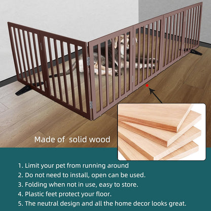 ZJSF Freestanding Indoor Dog Gate for House Foldable Wood Puppy Gate for Doorways Pet Gate for Stairs Extra Wide Pet Fence, Brown, 32" Height 6 Panels