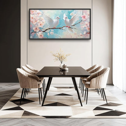 Large White Dove Flower Wall Art for Living Room, Framed Oversized Pigeon Cherry Blossom Wall Decor Nature Canvas Painting Modern Artwork for Living Room Bathroom Bedroom Office Dining Room 60"x30"
