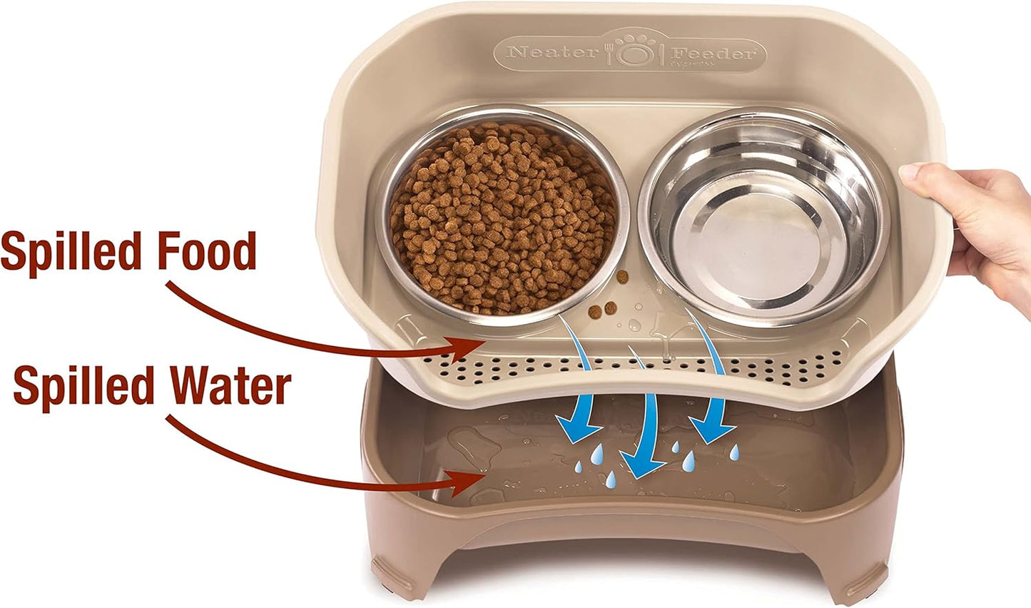 Neater Feeder - Express Model w/Slow Feed Bowl - Mess-Proof Dog Bowls (M/L, Cappuccino) Made in USA –Elevated, No Spill, Non-Tip, Non-Slip, Raised Stainless Steel Food/Water Pet Bowls Aid Digestion
