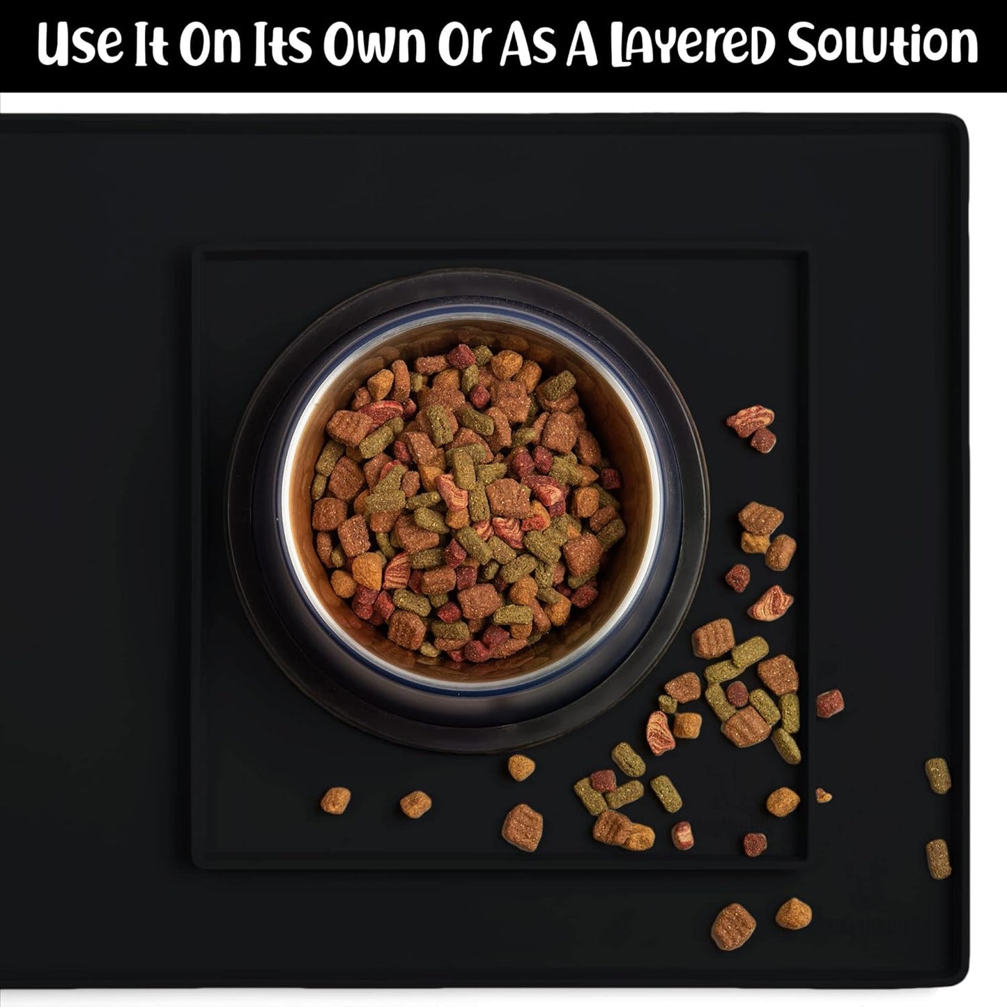 DogBuddy Dog Food Mat – Waterproof Dog Bowl Mat for Food and Water, Silicone Pet Feeding Mats for Floors, Non-Slip Placemat with High Edges for Dogs Bowls, Puppy Essentials (XS: 11" x 11", Black)