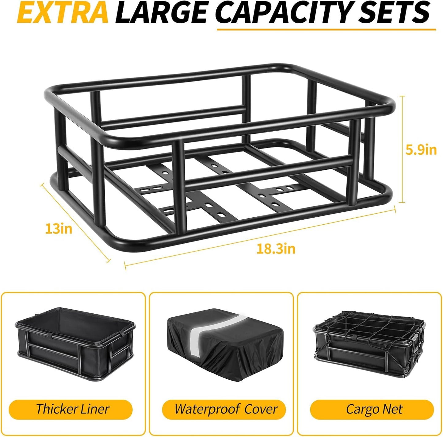 Bike Basket Rear with Liner,Waterproof Cover,Cargo Net Large Rear Bike Basket,Heavy Duty Bicycle Rear Basket for Electric Bike, Ebike,Great for Bike Trip,Carrying Grocery,Ball,Dog