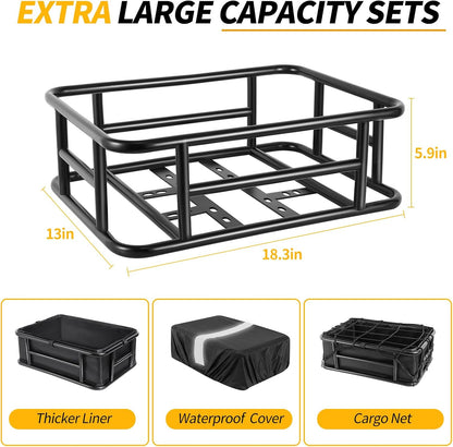 Bike Basket Rear with Liner,Waterproof Cover,Cargo Net Large Rear Bike Basket,Heavy Duty Bicycle Rear Basket for Electric Bike, Ebike,Great for Bike Trip,Carrying Grocery,Ball,Dog