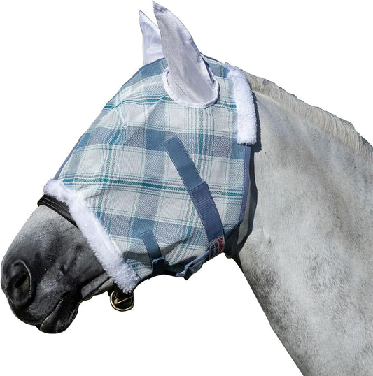 Schneiders Dura-Mesh Plaid Fly Horse Mask with Ears | Ultra-Durable 1000D Mesh | 70% UV Protection | Breathable Open Weave | Color Blue Plaid | Size Full Size