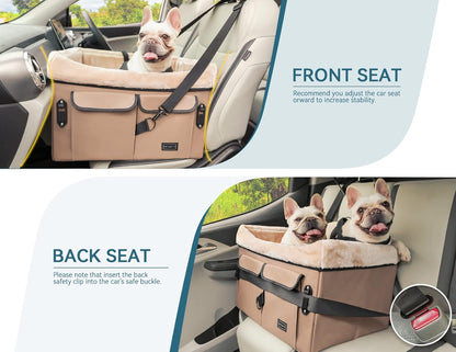 Petsfit Dog Booster Car Seat for Medium Dog or 2 Small Dogs with Patent Buckles, Washable Pad, Upgraded Pet Car Seat for Dogs Up to 45 lbs (Medium, Tan)