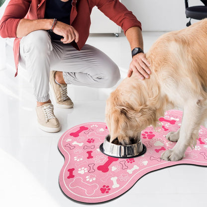 Dog & Cat Food Mat Bone Shaped Pet Feeding Mat Quick Absorb Water Bowl Placemat with Rubber Backing Indoor Floor Stain Resistant Pet Accessory Supplies (Light Pink, 16x24 Inches)