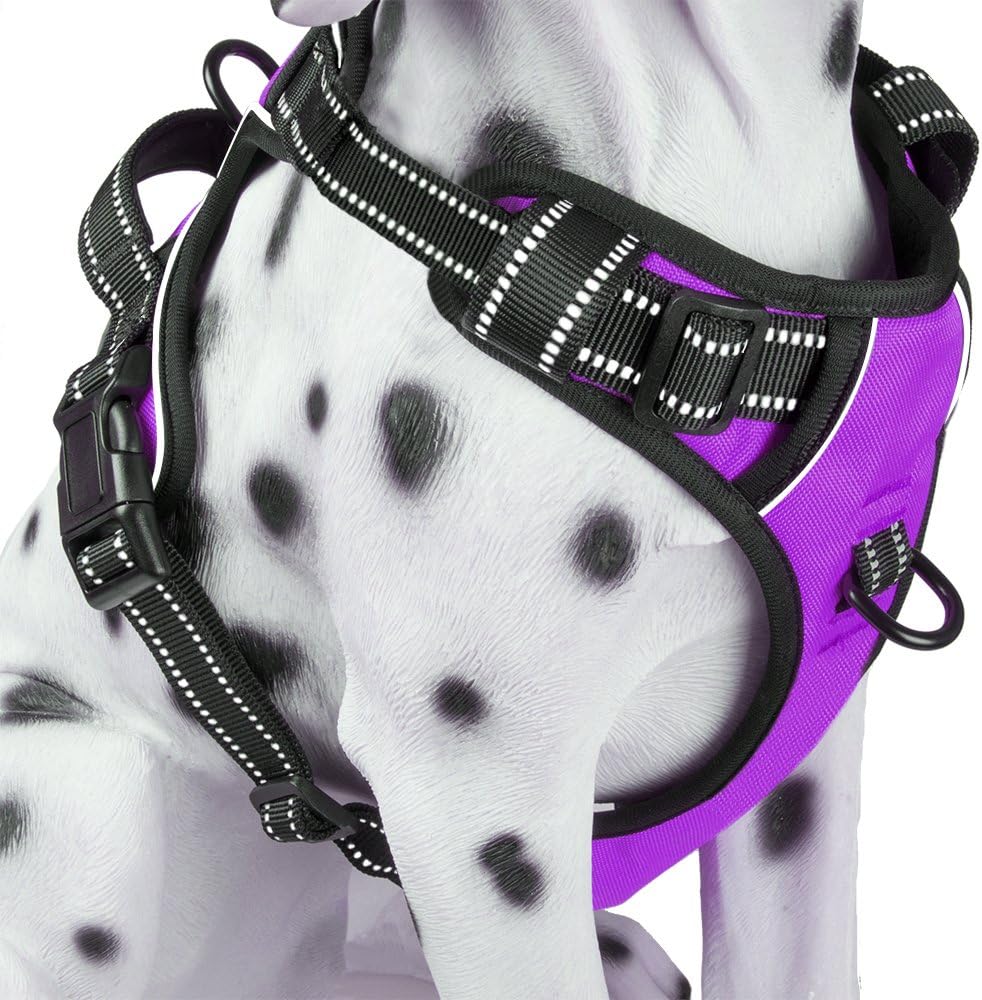 PoyPet No Pull Dog Harness, Reflective Comfortable Vest Harness with Front & Back 2 Leash Attachments and Easy Control Handle Adjustable Soft Padded Pet Vest for Small to Large Dogs (Purple,S)