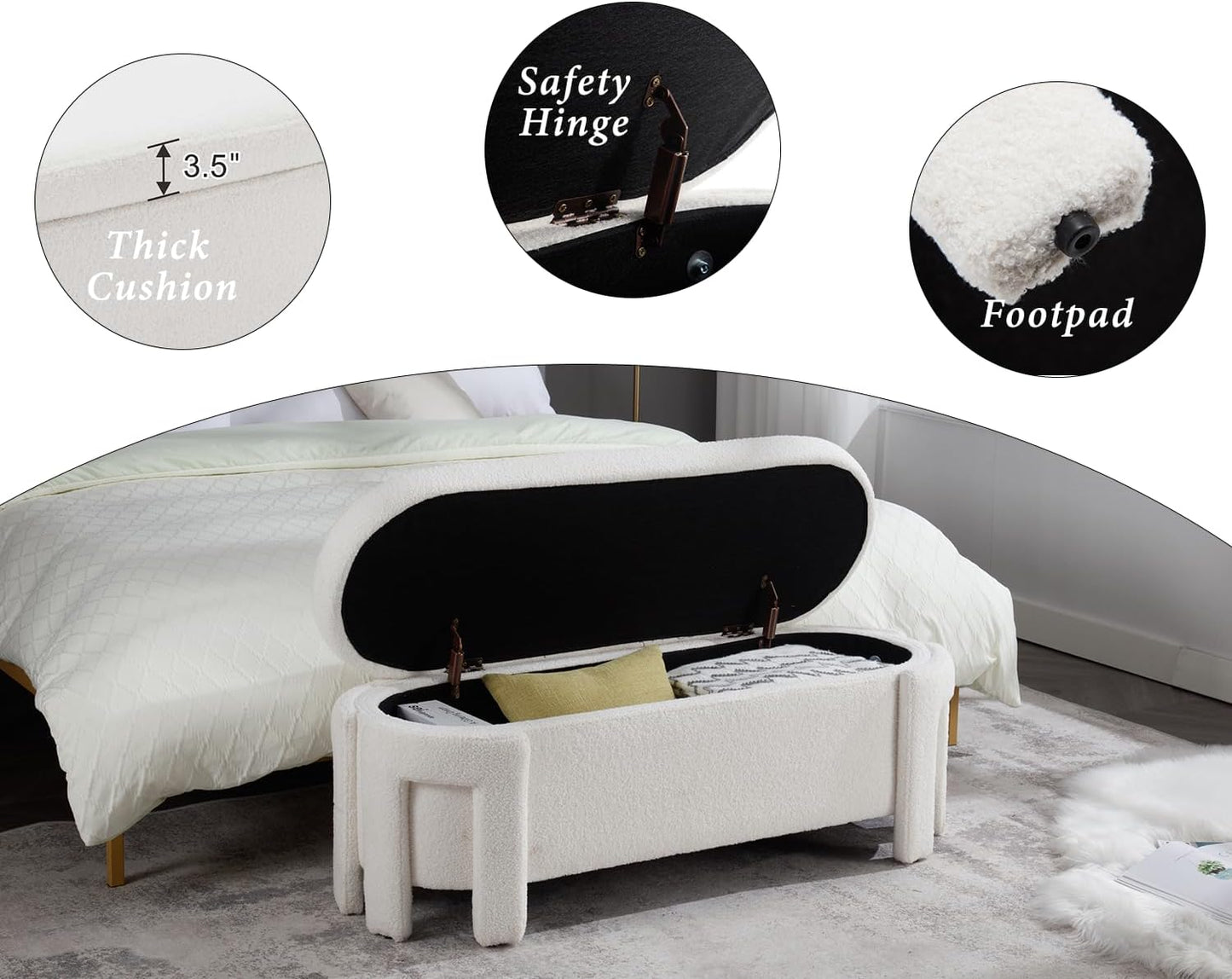 Kmax 50" Storage Ottoman Bench Modern Faux Fur Boucle Entryway Bench Comfy Upholstered End of Bed Bench for Hallway Entrance Bedroom Corner, White