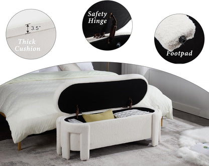 Kmax 50" Storage Ottoman Bench Modern Faux Fur Boucle Entryway Bench Comfy Upholstered End of Bed Bench for Hallway Entrance Bedroom Corner, White