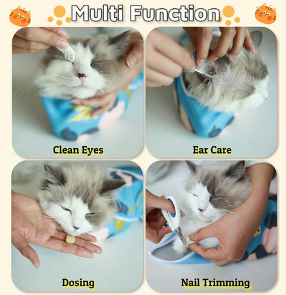 Cat Wrap for Grooming-Premium Cat Grooming Wrap Cat Restraint for Nail Clipping, Self-Adherent Soft Cat Blanket to Wrap Cat Anti-Scratch Anti-Escape Grooming Bag (Blue, XL(Within 17lbs))