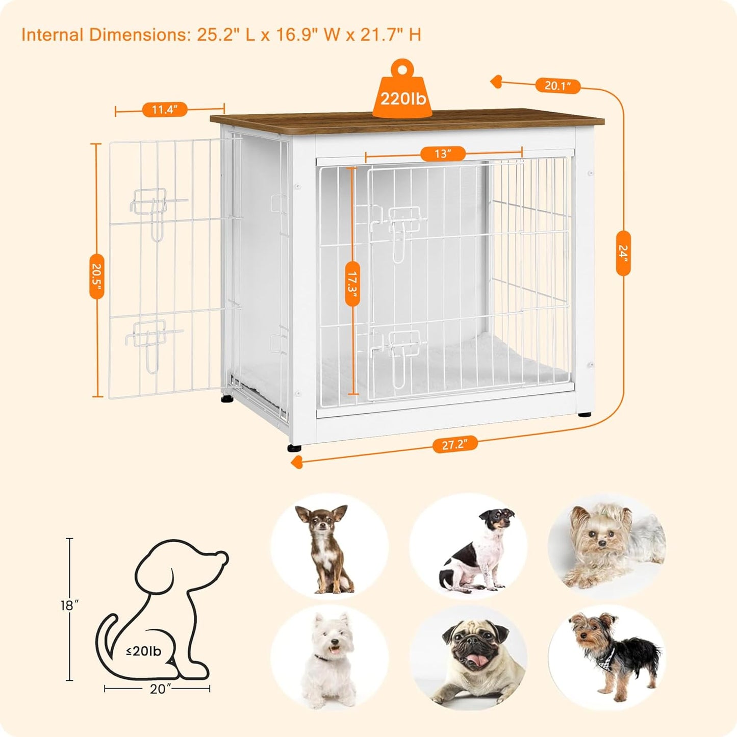 DWANTON Dog Crate Furniture with Cushion, Wooden Kennel Table with Double Doors, Indoor Dog House, Small/Medium/Large Size, 27.2" L, White+Warm Brown