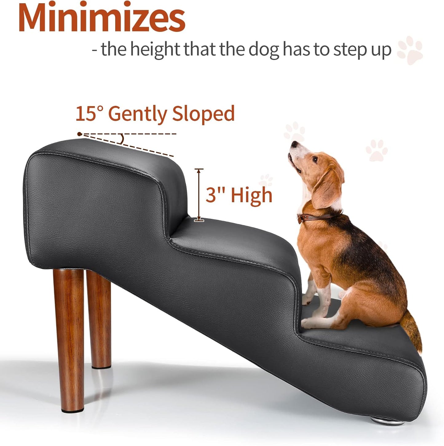 Senneny Black Faux Leather Dog Stairs, for Pets up to 150 lbs, Waterproof, Scratch Resistant Pet Steps/Stairs with High Density Foam and Detachable Wooden Legs, Black, 3 Step