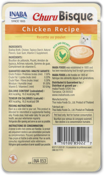 INABA Churu Bisque for Cats, Creamy Lickable Purée Side Dish with Vitamin E, 1.4 Ounces per Pouch, 12 Pouches, Chicken Recipe