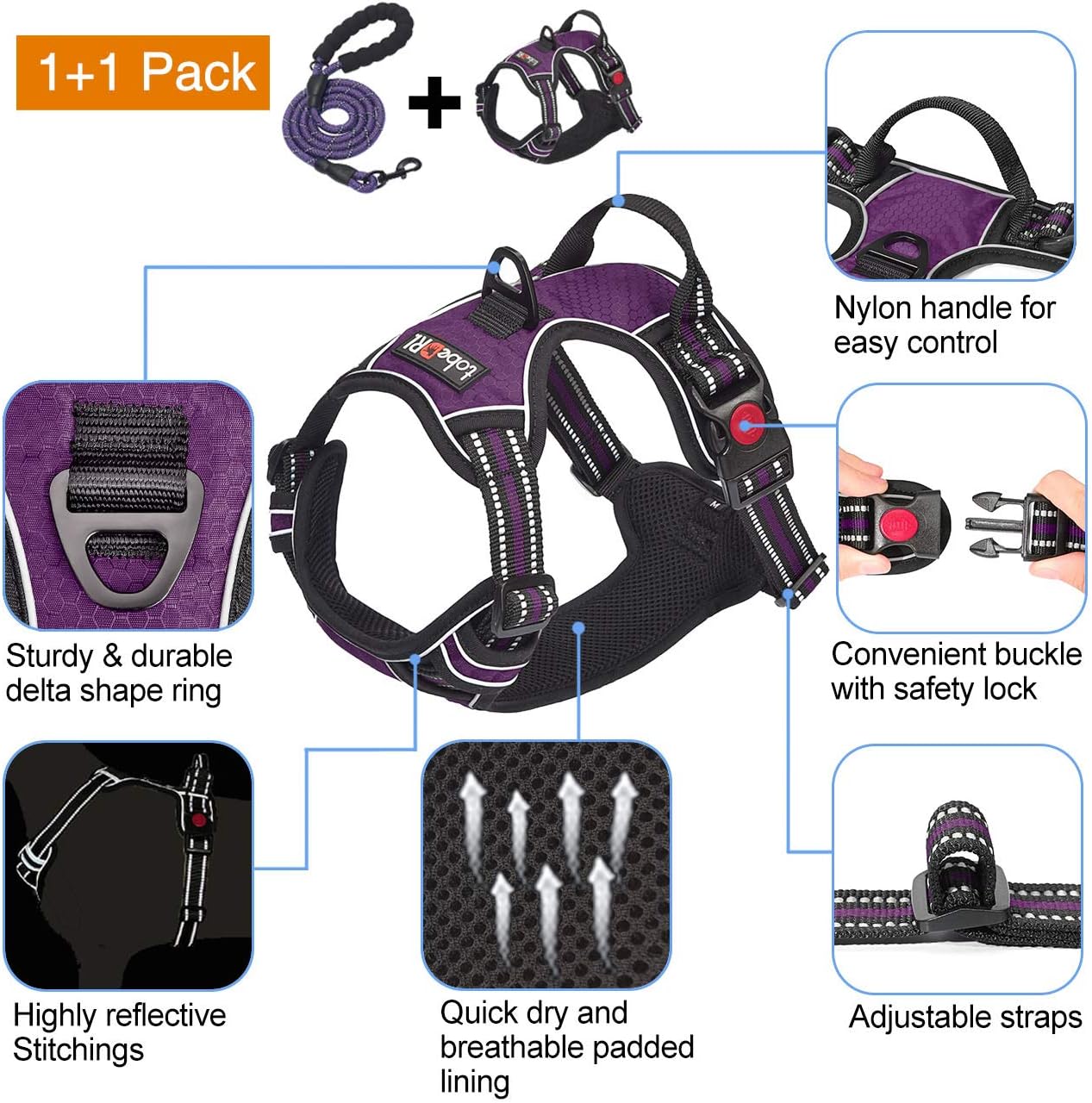 No Pull Dog Harness Adjustable Reflective Oxford Easy Control Medium Large Dog Harness with A Free Heavy Duty 5ft Dog Leash (M (Chest: 22"-26"), Purple Harness+Leash)