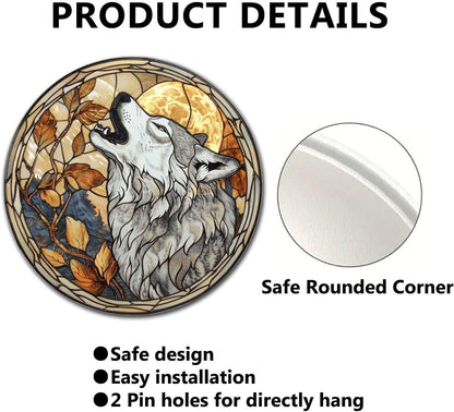 Lygond Metal Sign Tin Sign Circular Stained Glass Gray Wolf Funny Outdoor Decor for Gift 8×8 Inches