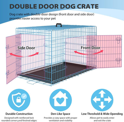 BestPet | Dog Crate | 42" | Blue | Foldable Metal Kennel with Double Doors, Secure Slide-Bolt Latches, Leakproof Tray | Portable Dog Cage for Large Breeds | for Travel, Indoor & Outdoor Use
