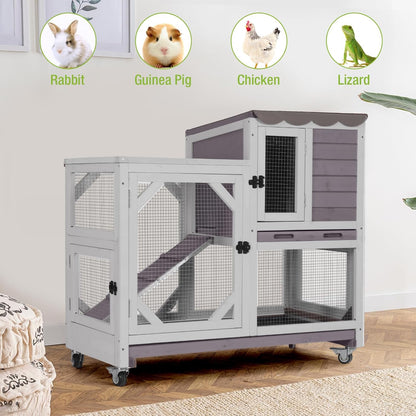GUTINNEEN Rabbit Hutch Indoor Outdoor 2 Story Bunny House on Wheels Wood Rabbit Cage with 2 Pull Out Trays Guinea Pig Cage (Gray)