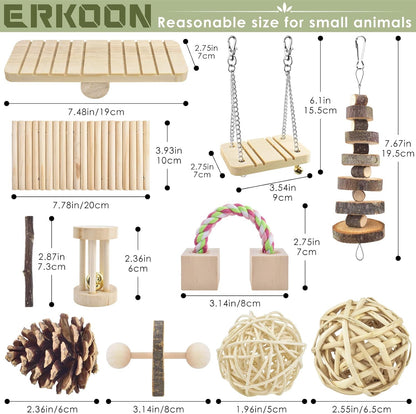 ERKOON New 12 Pack Hamster Chew Toys Gerbil Rat Guinea Pig Chinchilla Chew Toys Accessories, Natural Wooden Dumbbells Exercise Bell Roller Teeth Care Molar Toy for Rabbits Bird Rabbits Hamster Gerbil