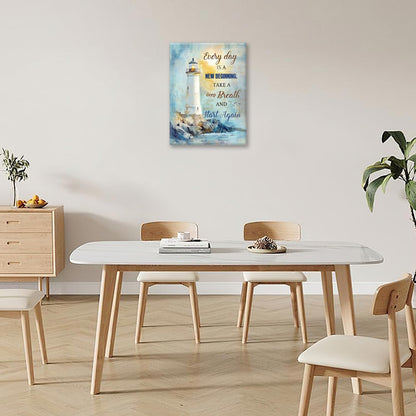 Ocean Lighthouse Pictures Wall Art, Coastal Nautical Bathroom Wall Decor Every Day is a New Beginning Motivational Quote Framed Painting Canvas Artwork for Bedroom Living Room Decorations 20"L x 16"W