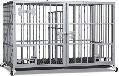 aboxoo 42/48 inch Heavy Duty Metal Dog Crate for 2 Dogs/Large Dog,All Metal Open Top,Dog Kennel Indoor with Wheels,Floor Grid, Tray, Divider and Feeding Bowl (Sliver)