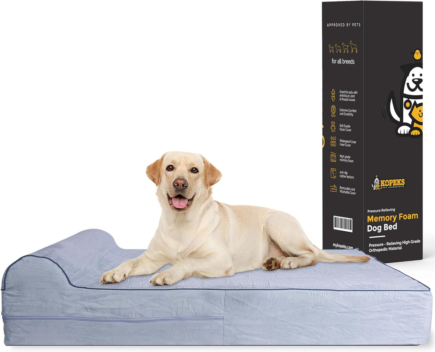 KOPEKS Orthopedic Memory Foam Dog Bed 7" Inch Thick Extra Large Dog Bed With Pillow Grey 50"x34"x10" Includes Waterproof Liner and Durable Removable Cover With Smart Design