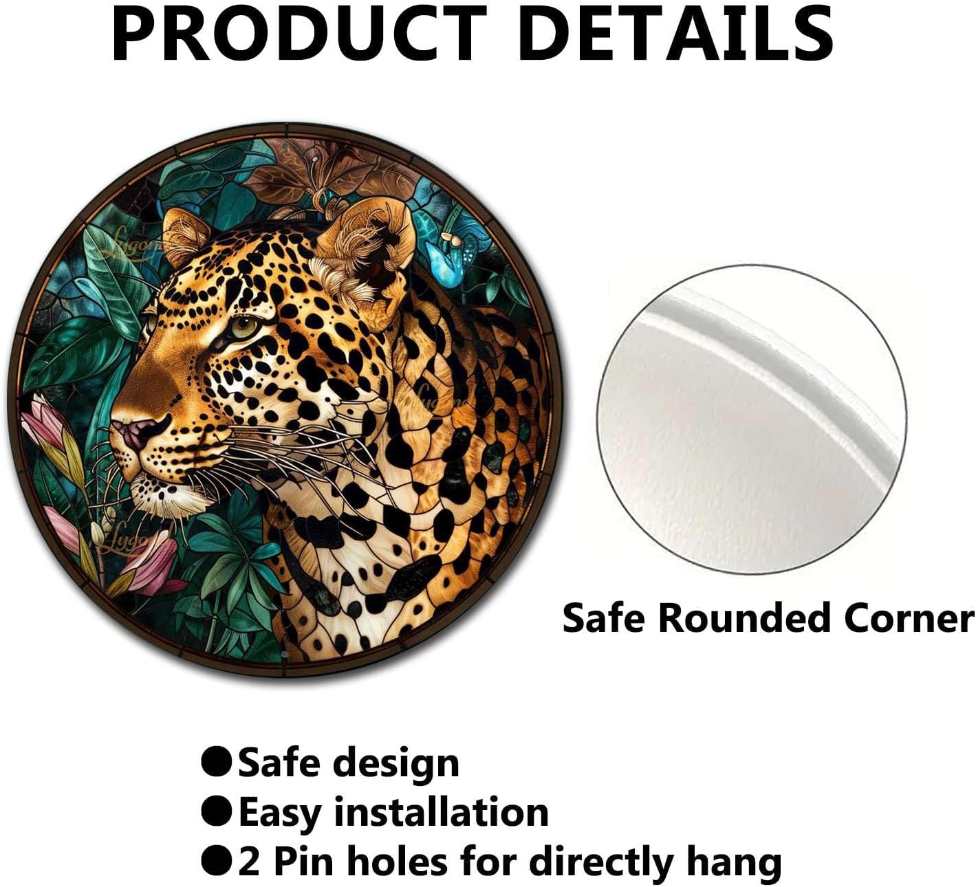 Lygond Metal Sign Tin Sign Circular Stained Glass Leopard Gardening Poster for Bar 12×12 Inches