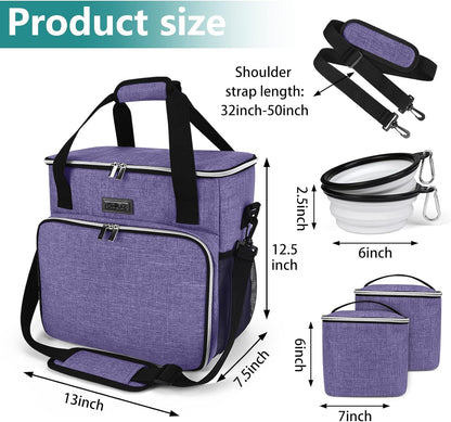 BAGLHER Dog Travel Bag, Pet Travel Bag (ALL Pet Travel Supplies), With 2 Pet Food Containers and 2 Collapsible Silicone Bowls; Essential Kits for Pet Travel Purple