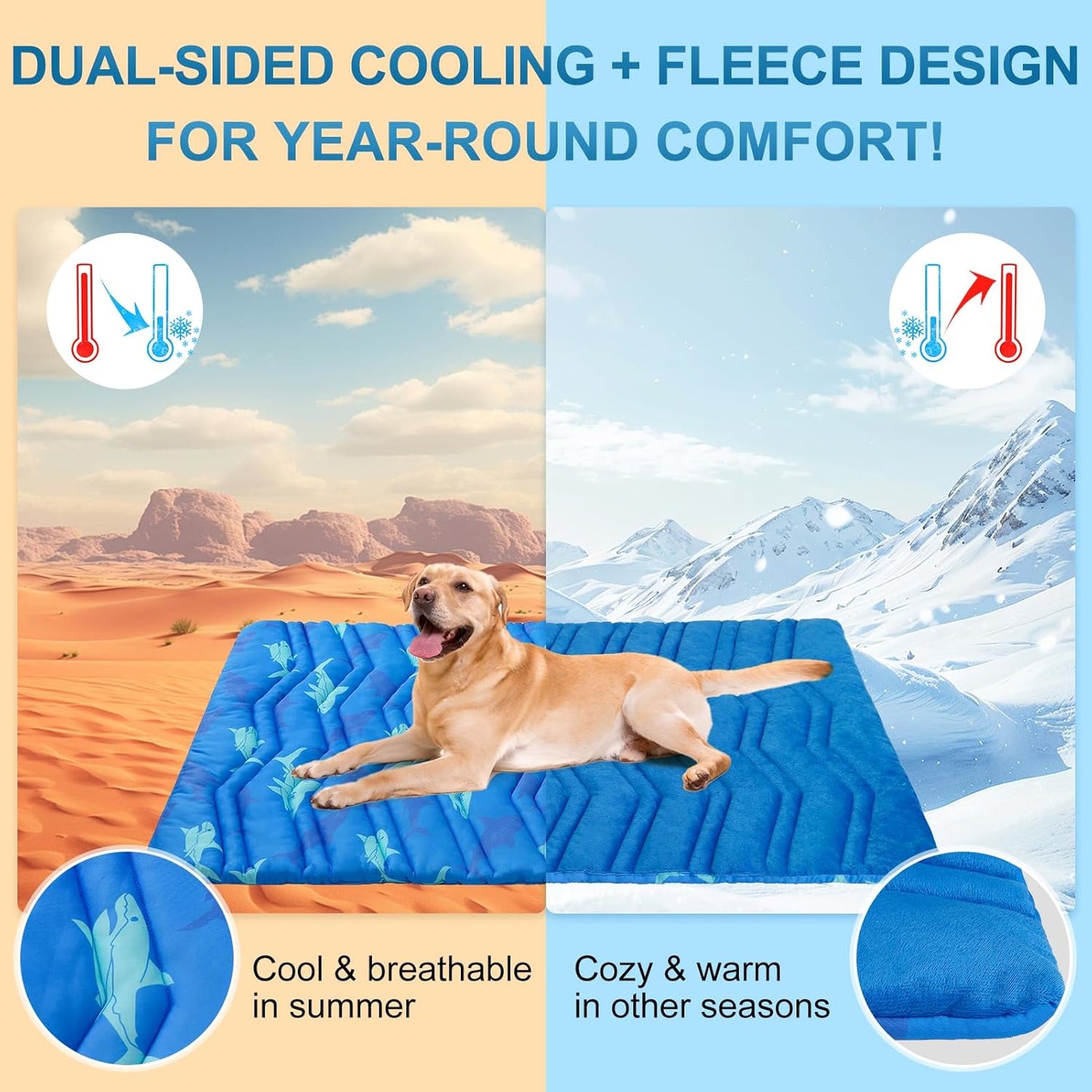 BEAUTYZOO Dog Cooling Mat- Upgraded Thicken Cooling Mat for Large Dogs Reversible(Cool & Warm) Pet Ice Cool Bed Washable & Portable, Summer Crate Pad for Big Dog Puppy Up to 44 lbs, Shark Blue 36X23IN