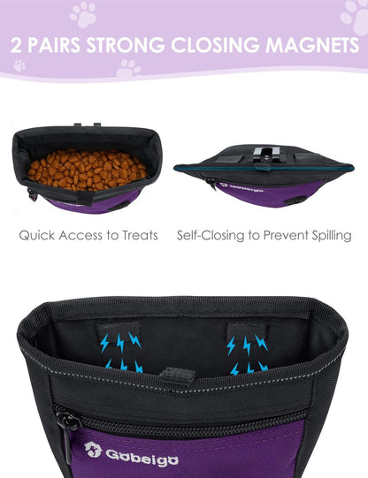 Gobeigo Dog Treat Pouch and Training Clicker, Upgrade Two Magnetic Closure to Prevent Spills, 2 Cup Treat Bag with Poop Bag Dispenser, Metal Clip Waist Belt Fanny Pack for Pet Walk (Black/Purple)