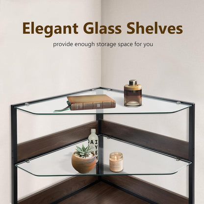 MCombo Small Corner Dog Crate Furniture with Glass Shelves, Wooden Dog Kennel Furniture with Door, Pet Crate Indoor Use, CN17 (White and Brown)