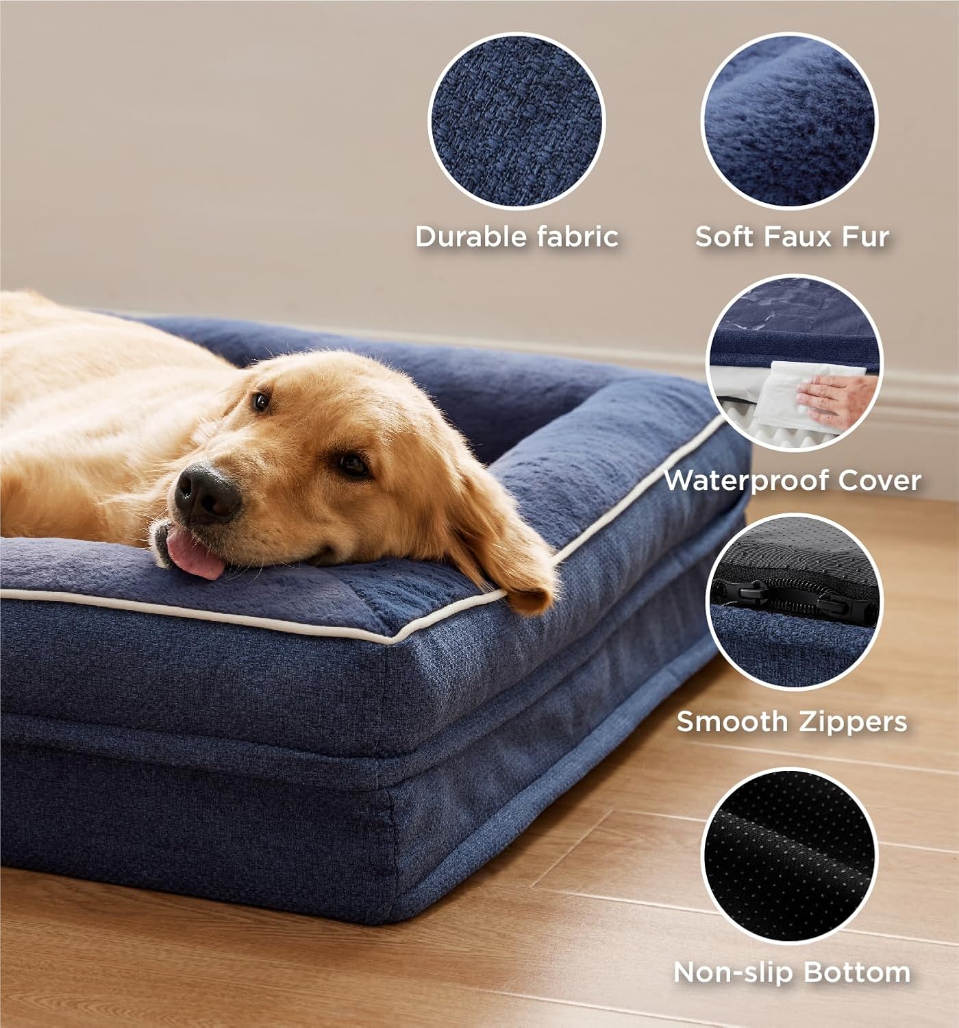 Made4Pets Orthopedic Dog Bed for Large Dogs, Supportive Foam Big Large Pet Bed Sofa with Washable Removable Cover, Waterproof Dog Couch Bed, Non-Slip Bottom and Egg-Crate Foam, Navy Blue