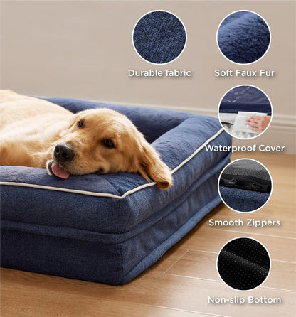 Made4Pets Orthopedic Dog Bed for Large Dogs, Supportive Foam Big Large Pet Bed Sofa with Washable Removable Cover, Waterproof Dog Couch Bed, Non-Slip Bottom and Egg-Crate Foam, Navy Blue
