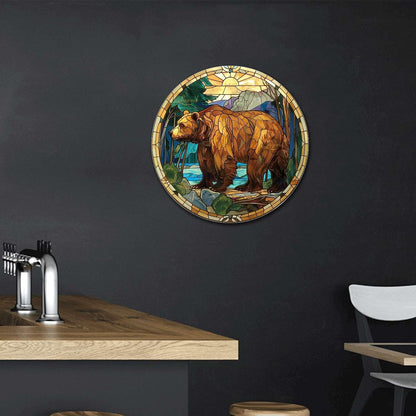 Lygond Metal Sign Tin Sign Circular Stained Glass Bear Home Decor for Patio 12×12 Inches