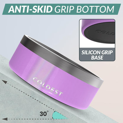 Coldest Dog Bowl - Anti Rust Metal, Non Slip, 3 Layers Insulated Stainless Steel Dog Bowls - Spill Proof & Heavy Duty - Water Bowl for Dogs, Cats, Dish Washer Safe (64 oz, Saturns Purple Glitter)