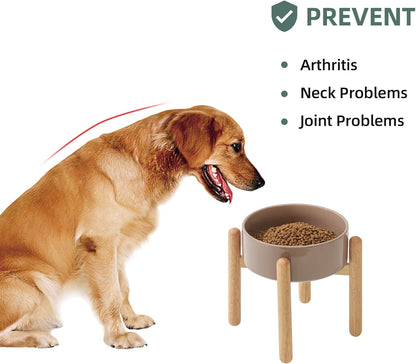 Ceramic 8.2inch Raised Dog Bowl with Stand for Large - Breed Dogs, Pet Food and Water Feeder(Single Bowl with Stand - Brown Coffee)