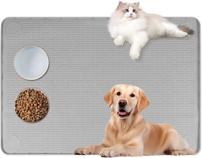 Cat Food Mat, 40" x 28" Extra Large Silicone Pet Feeding Mat with Raised Edge Pet Placemat for Food and Water Bowl Non-Slip, Easy to Clean, Floor Protection (Grey)
