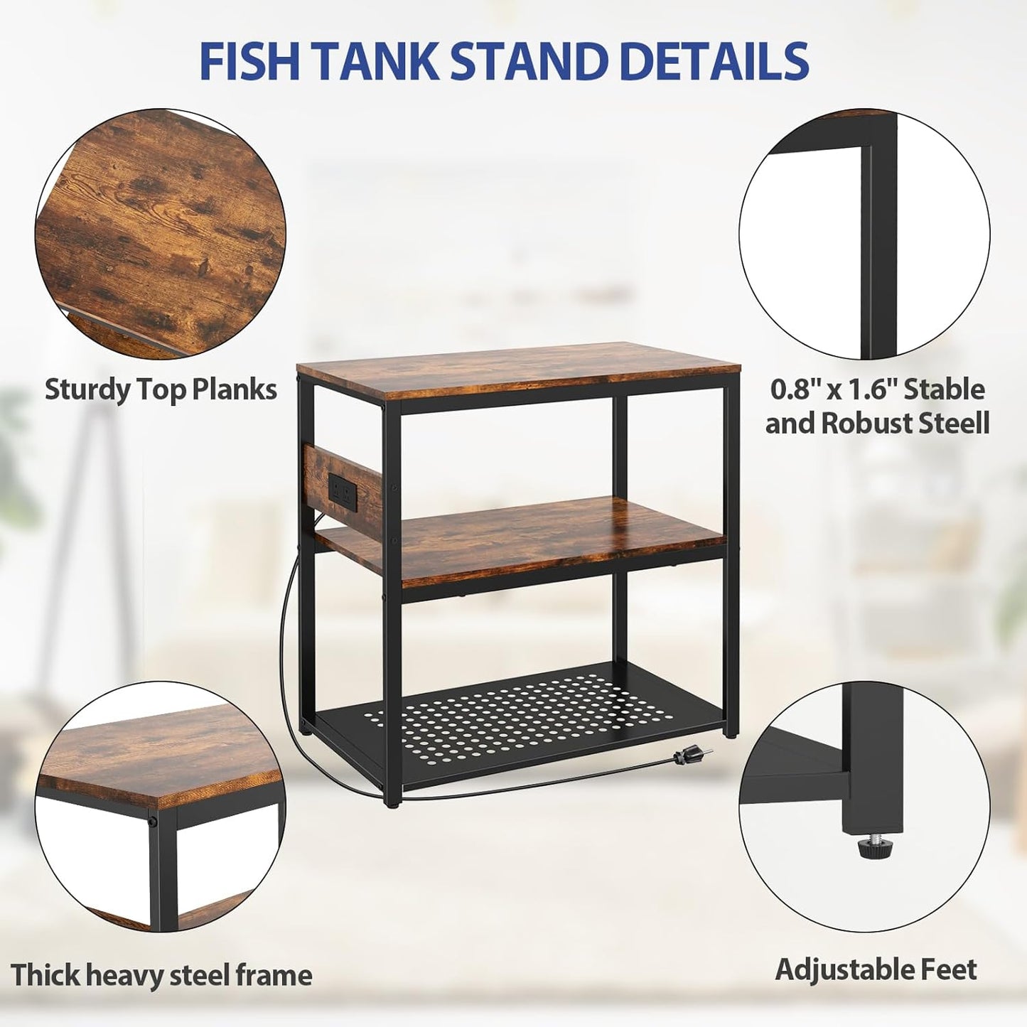 20-29 Gallon Fish Tank Stand With Power Outlets, 3-Tier Metal Aquarium Stands, Breeder Reptile Tank Stand with Shelf for Home Office, 660LBS Capacity, 29.5 x 15.8 x 30.1 inches, Brown