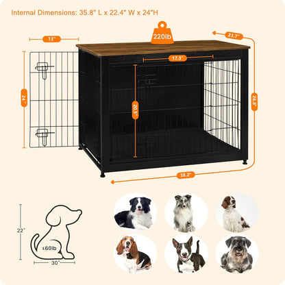 DWANTON Dog Crate Furniture with Cushion, Wooden Kennel Table with Double Doors, Indoor Dog House, Large Size, 38.5" L, Black+Warm Brown