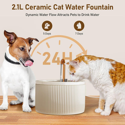 DOOOB Ceramic Cat Water Fountain, 2.1L/71oz Ceramic Cat Fountains, Automatic Pet Water Fountain for Cats, Pet Water Fountain with Ultra-Quiet Pump and 3 Filters & 3 Sponges (Beige)