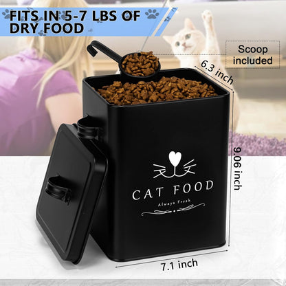 Meraki Home Farmhouse Cat Food and Treats Containers + Feed Scoop + Pet Food Bowl - Tight Lids - Large Metal Storage Bin - Great Gift for Cute Pets (Matte Black)
