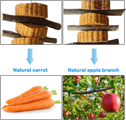 kathson Natural Small Animal Chew Toys for Teeth,4 PCS Rabbit Hanging Chewing Treats with Natural Organic Apple Stick Timothy Grass Carrot Cake for Hamsters Squirrel Guinea Pig Rabbits