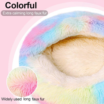 Calming Dog Beds & Cat Cave Bed with Hooded Cover,Removable Washable Round Beds for Small Medium Pets,Anti-Slip Faux Fur Fluffy Coved Bed for Improved Sleep,Fits up to 15/25 lbs(Colorful,M)